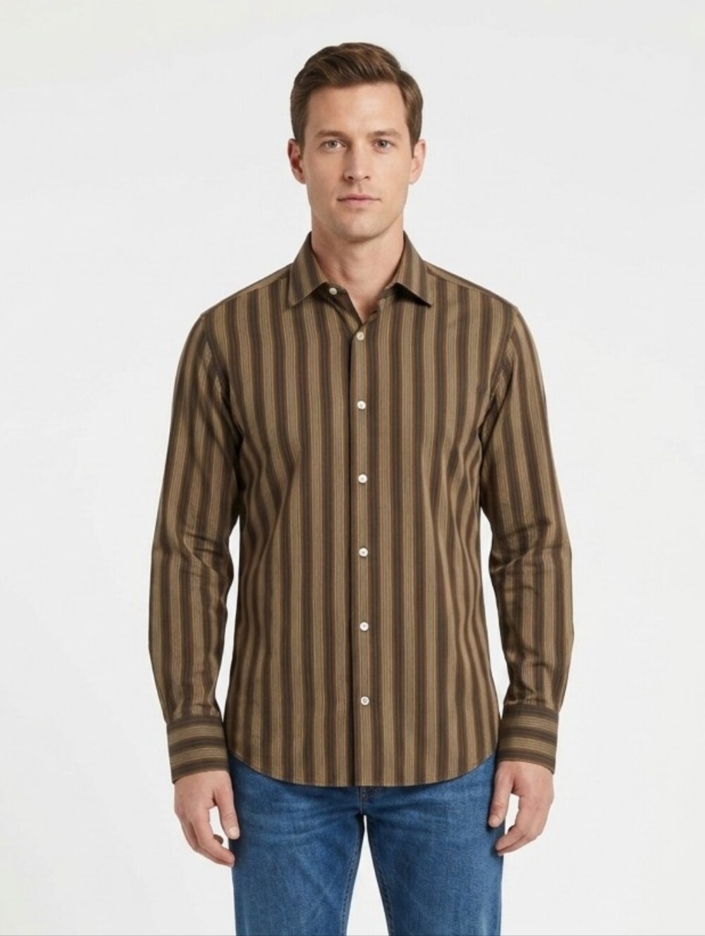 Banana Republic Mens Large French Cuff Shirt Brown Vertical Stripe 100% Cotton